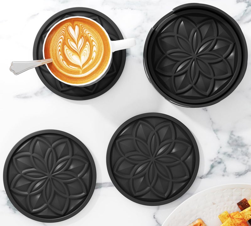 HFHOME Drink Coasters Set of 6 Packs with Holder, HFHOME Round Black BPA Free Silicone with Non-Slip Bottom Fits Any Size Cup Mug or Glasses (Black) - Image 5